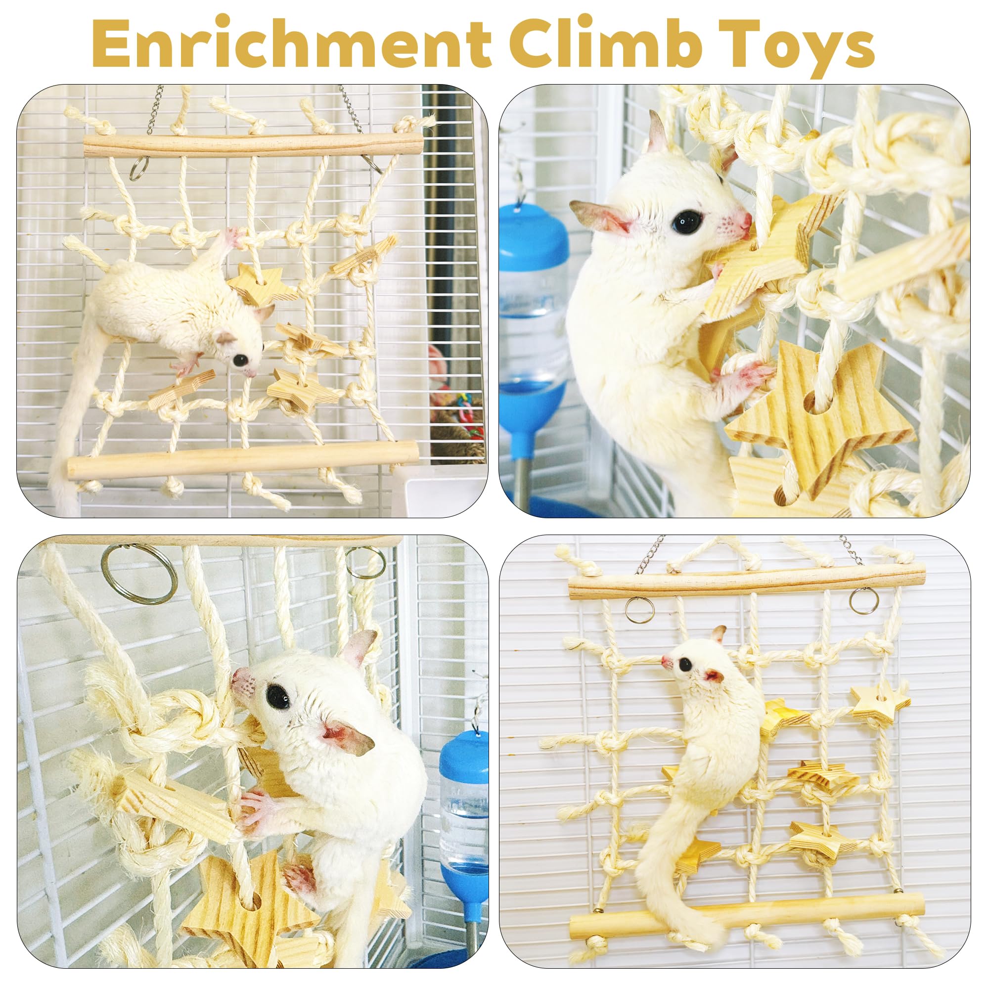 Jevnd Sugar Glider Toys, Natural Wooden & Sisal Sugar Glider Climbing Net, Hanging Toys Rat Cage Accessories, Anti-Snag Chew-Res